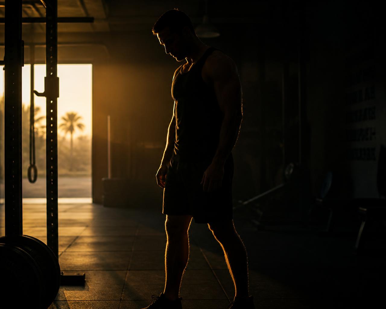 Homem treinando em academia ao amanhecer